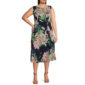 NWT DKNY by Donna Karan Floral Printed Side-Ruched Sleeveless Chiffon Midi Dress